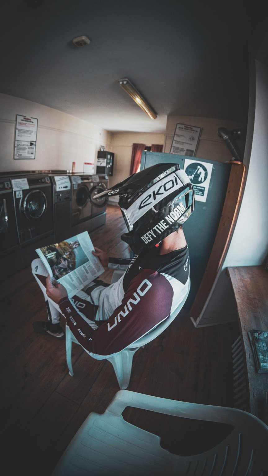 BMX rider wearing Unno kit indoors